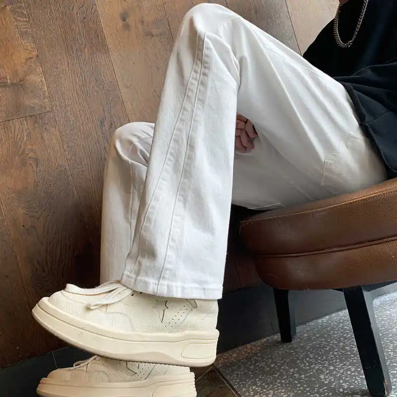 

Белые мужские джинсы с высокой талией, удлиненная длина, американские прямые брюки в стиле ретро, расклешенные брюки Vibe Wind, лето 2024