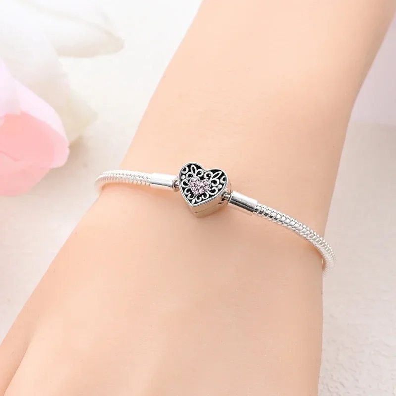 New 925 Sterling Silver Pink Heart Bracelet Shiny Zircon Fit Original Charms Bracelet DIY Jewelry Making Fine Gifts for Women