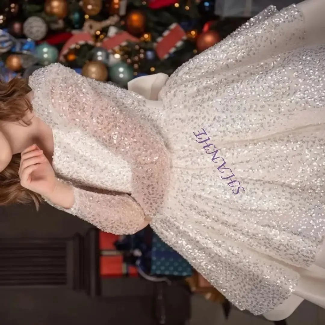 

Белые платья с цветочным узором для девочек по индивидуальному заказу на свадьбу с блестками длиной до колена, детские бальные платья для первого причастия, дня рождения