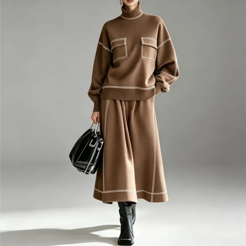 Fashion High Neck Pullover With Skirt Two-piece Set Women's Autumn Winter Warm Hoodie Suit New Chic Women's Loose Office Outfit