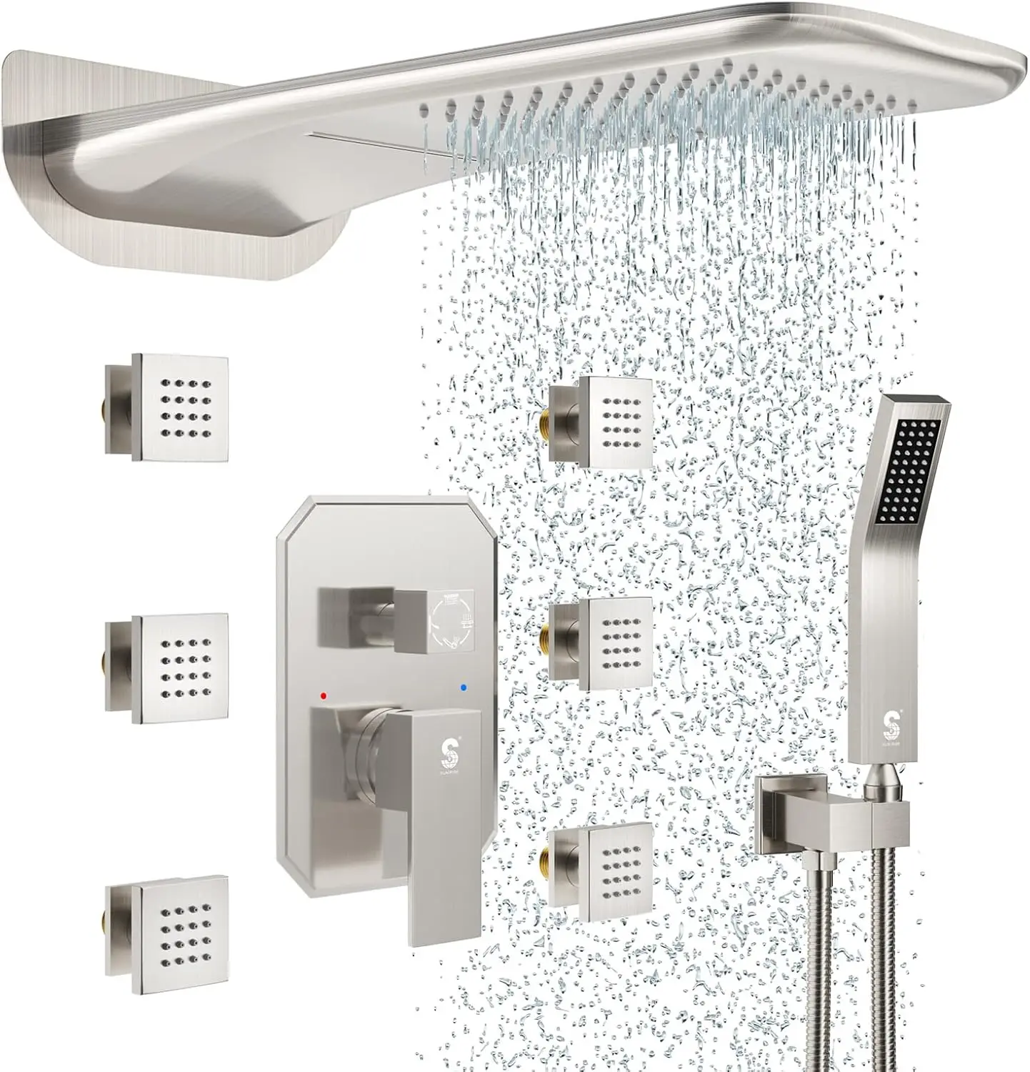 4-Function Waterfall Shower System with Body Jets, Full Body Rainfall Shower System with Handheld Shower Faucet Complete Sets