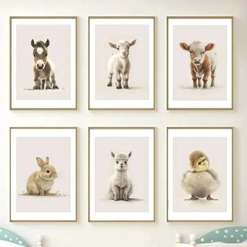 (No frame)Farm Baby Animals Horse, Sheep, Rabbit, Duck, Alpaca, Bull Wall Art Aesthetics Print Canvas Painting Posters for Ho