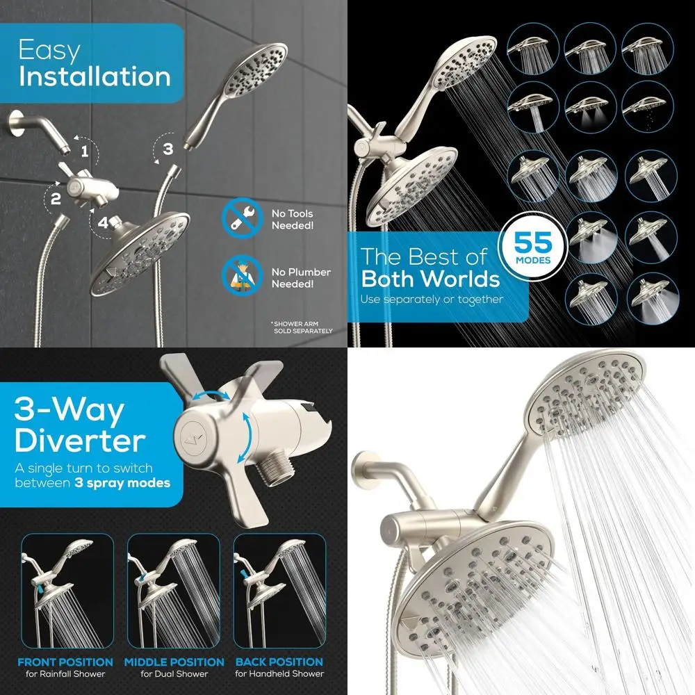 

Высококачественная двухфункциональная душевая система с тропическим душем и ручным распылителем - простая установка, 3-режимный комбинированный комплект, матовый никель