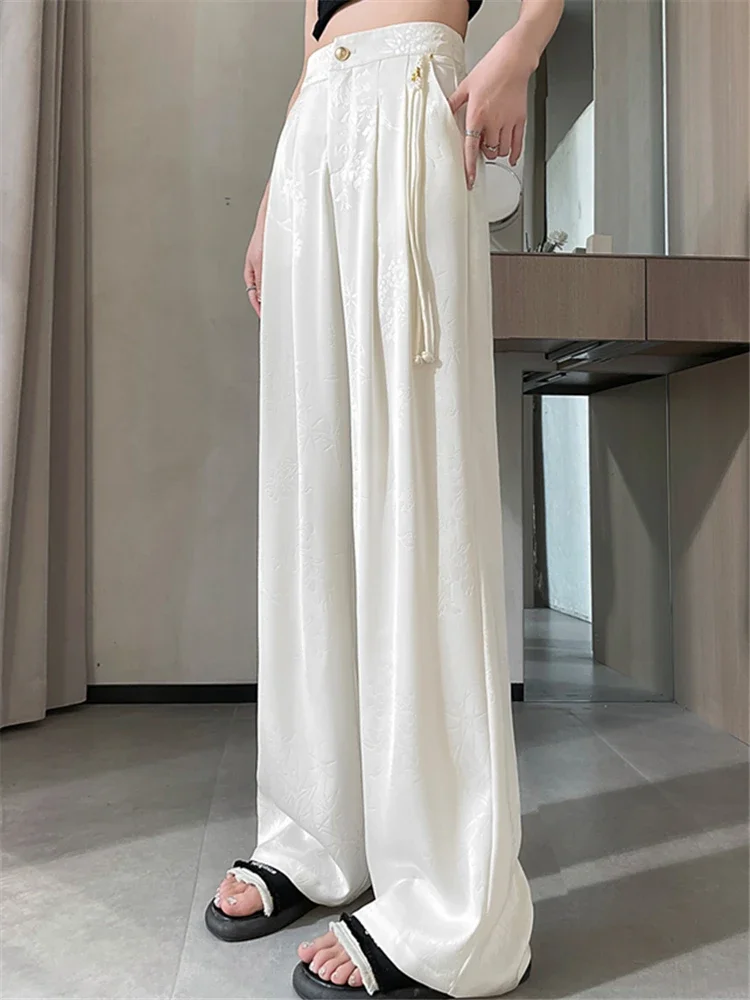 New Chinese Style Jacquard Wide Leg Satin Pants for Women Elegant Solid Office Lady Women\'s Casual Loose Pants Female