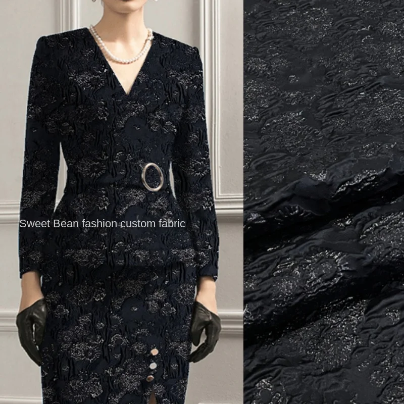 

Black Woven Jacquard Brocade Fabric for Sewing Metal Wire Flower Relief Dress Suits Clothing Fabrics Creative Design Cloth