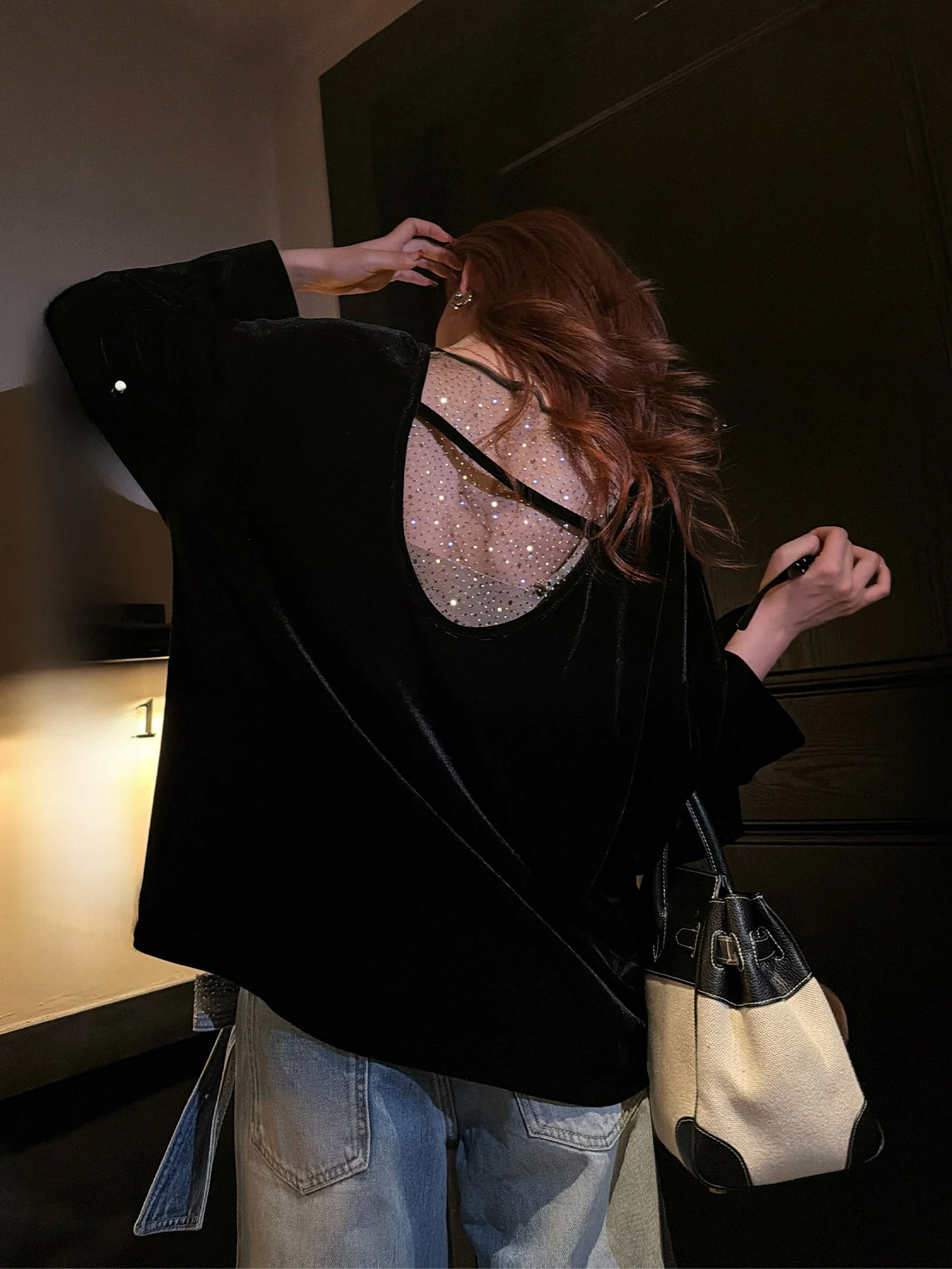 

Модный женский топ Loose Me Ba с бриллиантами, длинный рукав, однотонный, из нейлоновой ткани, для ранней весны, повседневный стиль