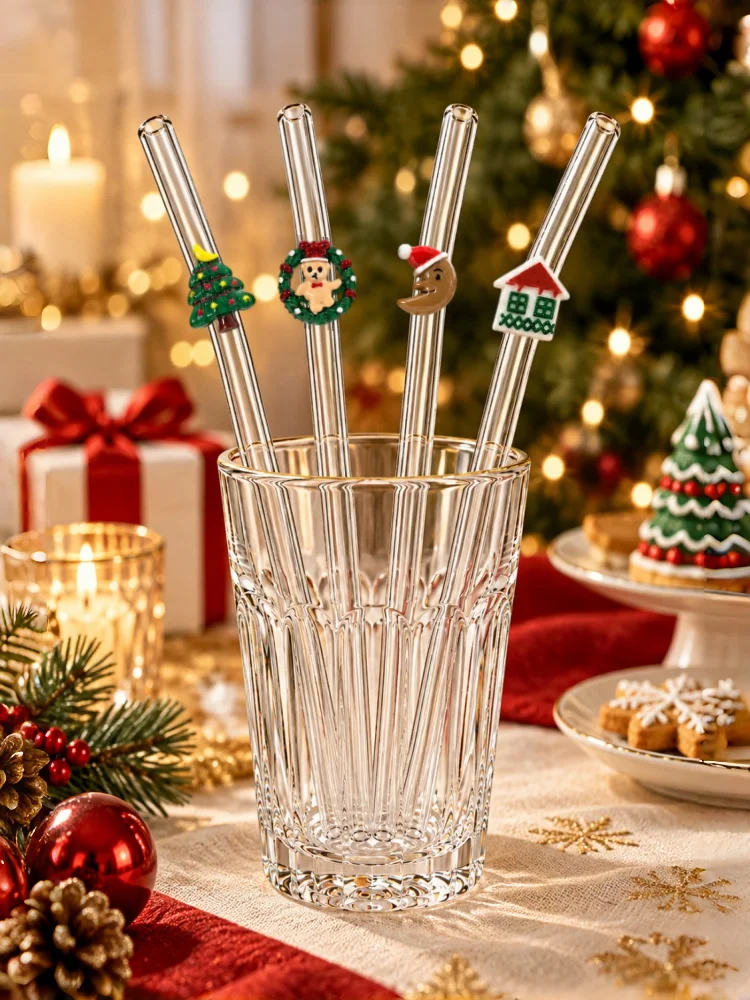 4PCS Christmas Tree Wreath Moon House Glass Straws Bend Reusable Clear Drinking Straws Coffee Juice Party Gift Xmas