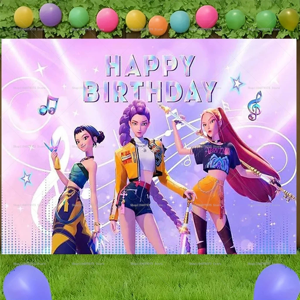 Bannière de fête d'anniversaire KPop Demon Hunters, idéale pour les fêtes d'anniversaire des garçons et des filles, décoration de chambre.