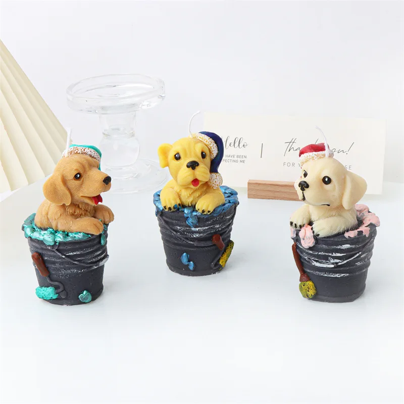 Cute Paint Bucket Christmas Dog Silicone Mold Gypsum form DIY Handmade Plaster Candle Ornaments Handicrafts Mold Hand Gift Makin