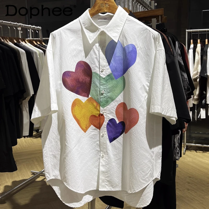 

Men's 2025 Summer New Fashion Trendy Tops Men's Short Sleeve Shirts Men's Loose Comfort Color Matching Love Heart Shirt Jackets
