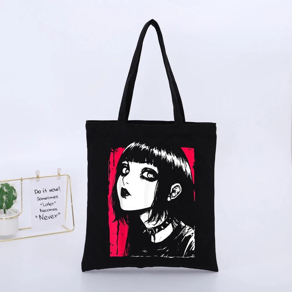Gothic-Inspired Portrait Canvas Tote Bag, Urban Street Style for Daily Shopping