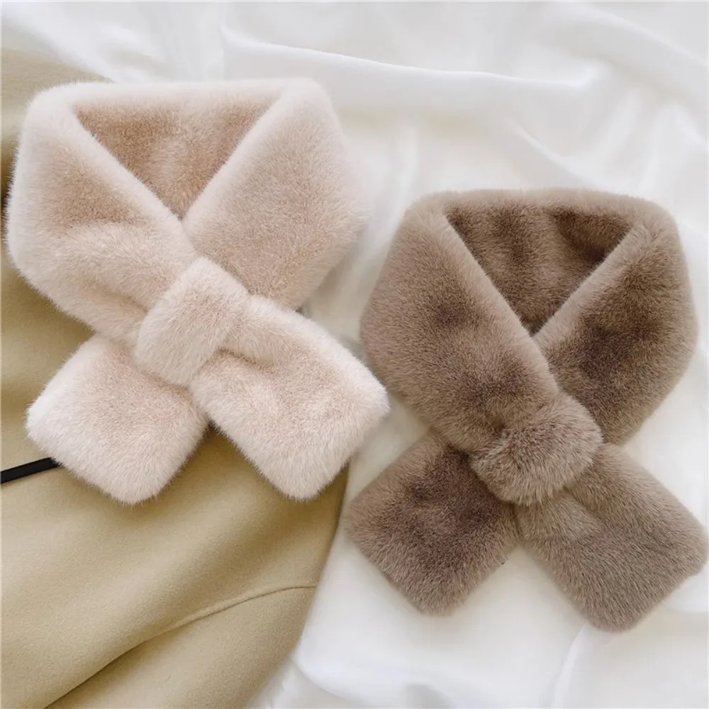 Fashion Thick Plush Scarf Solid Color Faux Rabbit Fur Warm Scarf Windproof Cross Neck Scarf Gift