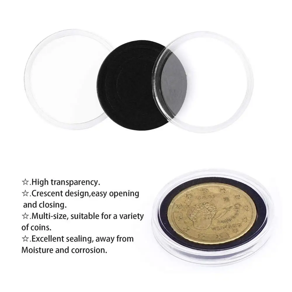 100Pcs 17/20/25/27/30mm Gasket Pads Coin Capsule Protect Case Holder Storage Box with Black Inner Cushion for Collectors