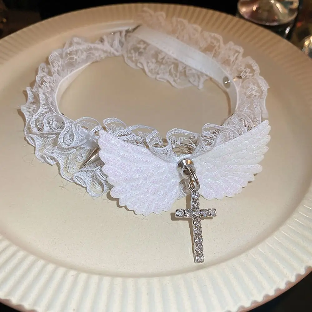 Gothic Black White Lace Lolita Collar Crystal Cross Pendant Angel Wings Rivet Choker Necklace for Women Egirl Y2K Jewelry Gifts