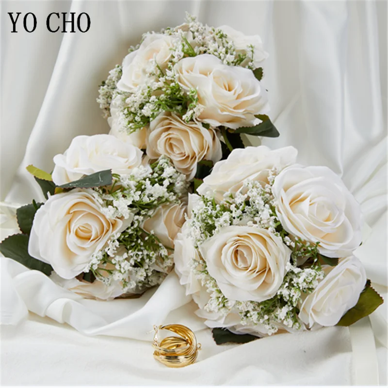 Roses artificielles gypsophile mariée fleur Bouquet ivoire soie fleurs mariée demoiselle d'honneur mariage Bouquet mariage décoration de la maison