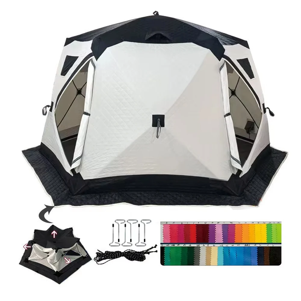 Factory Wholesale Insulated Triple Layer Oxford Angler Ice Fishing Tent Pop-Up Hexagonal Design Suitable Chimney 3-4 Person