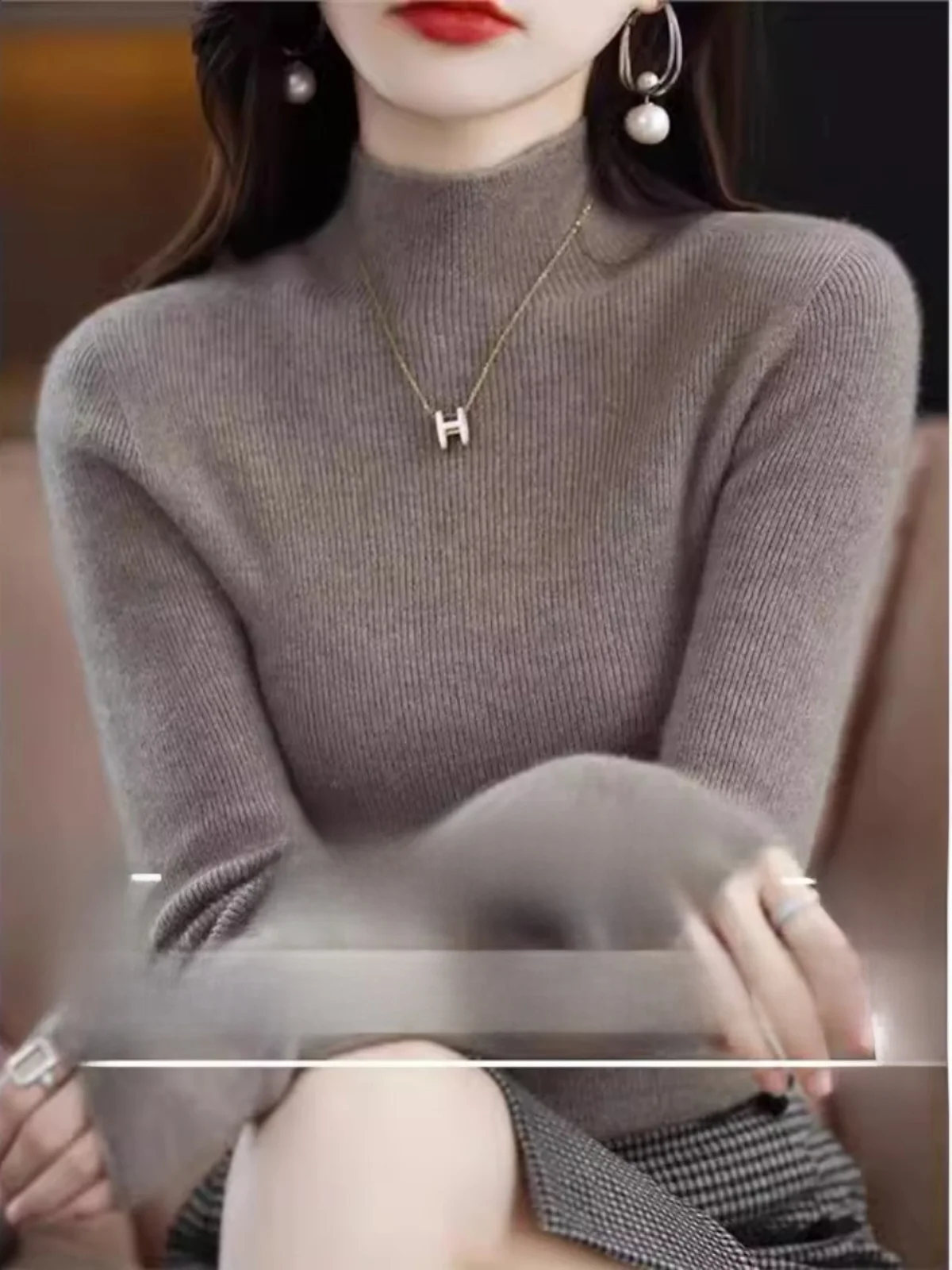 

Thiened Knitted Sweater Women's Spring New Semi-high Collar Slim Faionable Base Layer Color Long Sve Knitwear