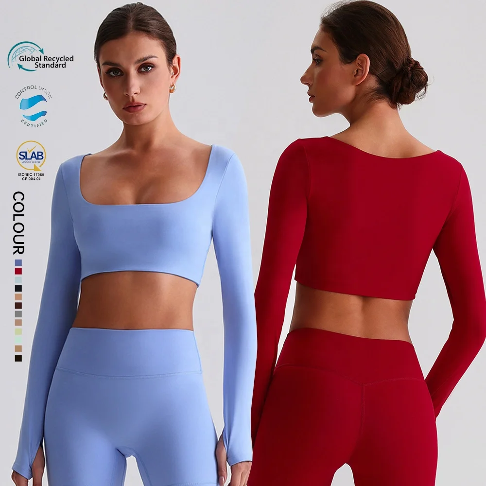 SHINBENE Recycled Polyester Sexy Padded Long Sleeve Crop Tops Sustainable Plain Workout Gym Shirts