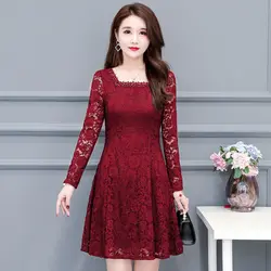 Elegant Square Collar Folds Beading Hollow Out Lace Dress Women's Clothing Spring Summer New Loose Office Lady Mini Dress