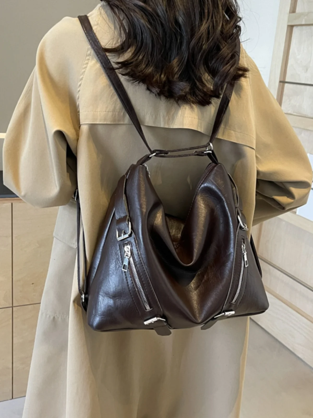 Fashionable Large Capacity Women's Backpack Trendy Commuter Tote Bag Soft Surface Pure Color Retro Artistic Style Daily Use