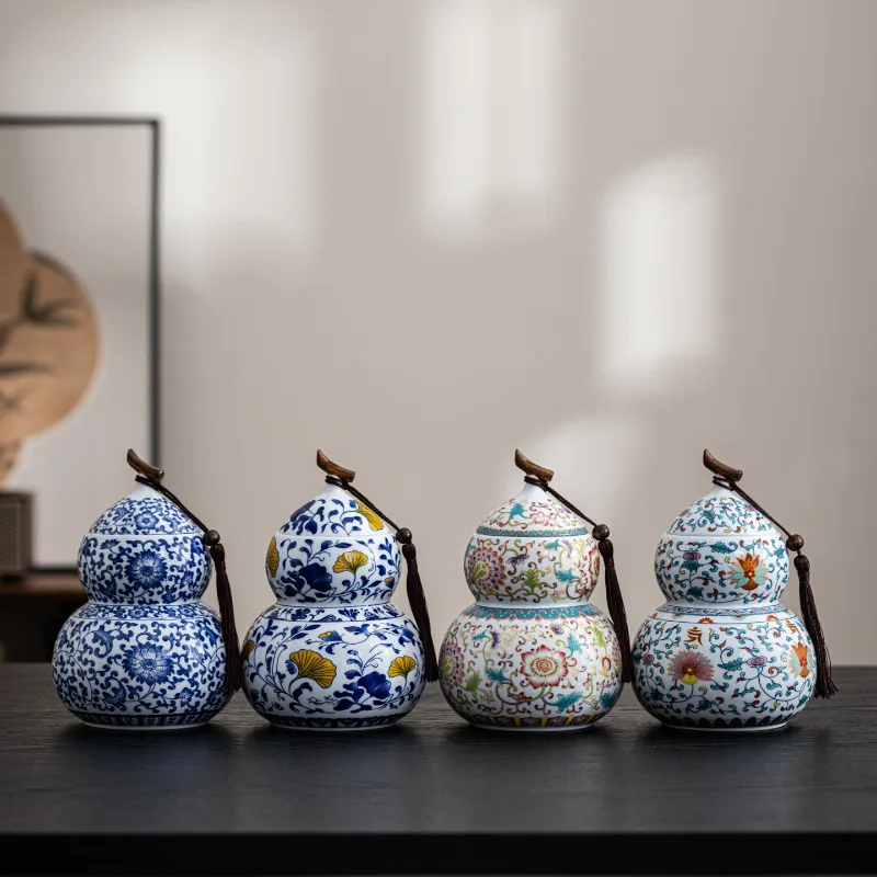 

Ceramic Gourd Tea Canister Blue and White Porcelain Sealed Candy Jar Decorative Piece for Home Coffee Bean and Herb Storage Jar