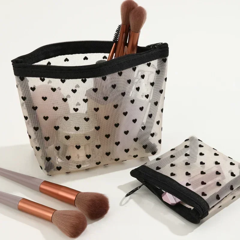 Tavel-Bolsa de almacenamiento de cosméticos para mujer, bolsa de maquillaje de malla transparente con forma de corazón, organizador de cepillos y