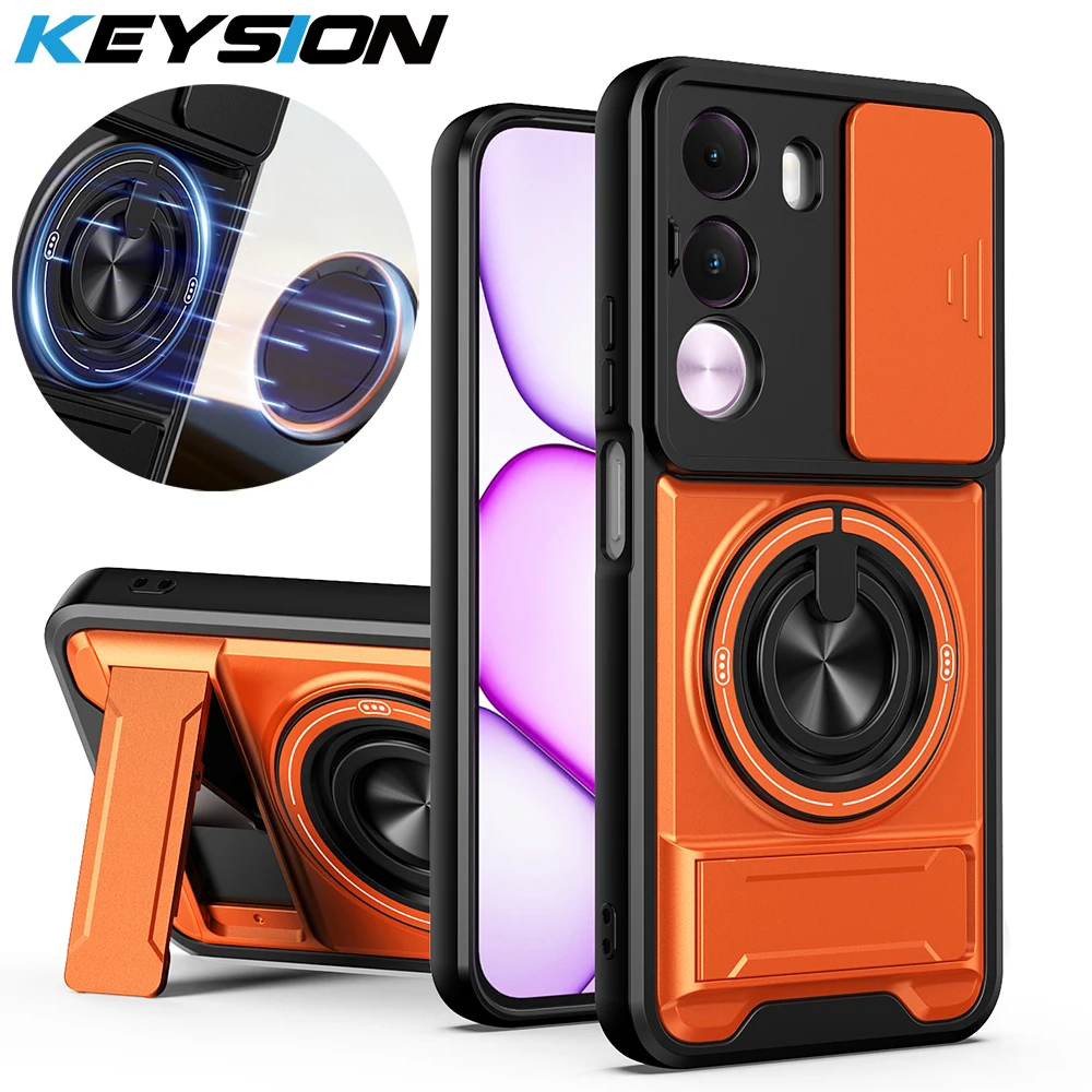 

KEYSION Magnetic Phone Case for Realme C100i C100 5G Slide Camera Lens Protection Upright Stand 360° Ring Shockproof Back Cover