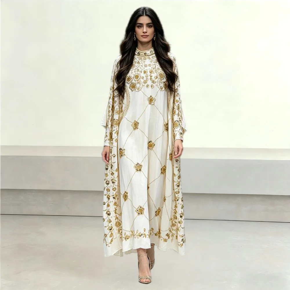 

White Gold Beaded Cape Sleeve Modest Kaftan Maxi Dress Luxury Muslim Evening Party Gown for Women Wedding Guest Formal Occasion