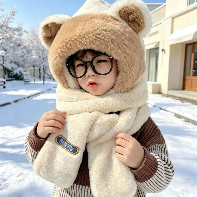 Kids Cartoon Bear Hat Scarf Gloves 3 in 1 Set Winter Warm Plush Earflap Hat For Boys Girls