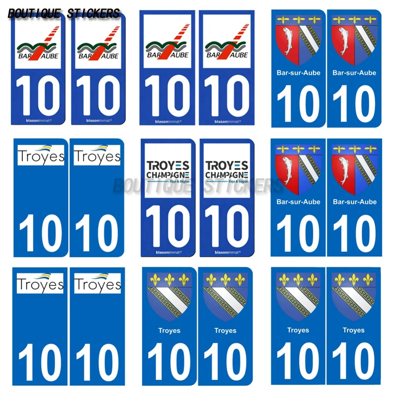 2 шт. изысканных французских наклеек на номерной знак в черно-синем цвете, 10 Bar-sur-Aube Troyes - aglo Bar sur aub - agglo, водонепроницаемый ПВХ