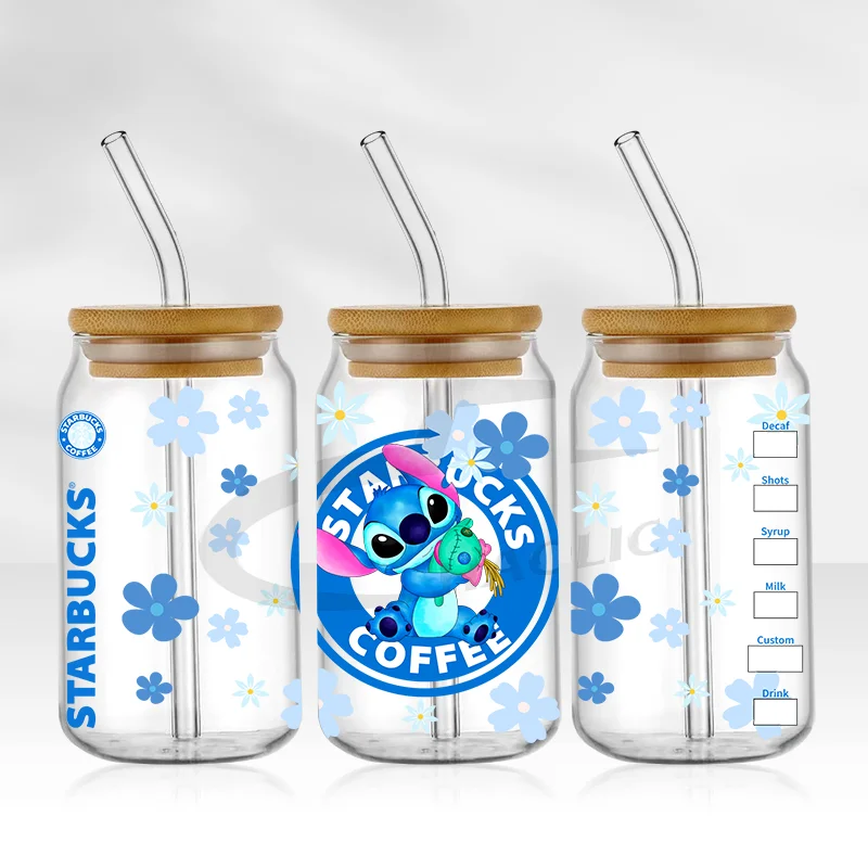 UV DTF Cup Wrap Blue Cartoon Transfers 16oz UV DTF Libbey Wrap Tumbler Stickers Glass Can Selfadhesive Waterproof