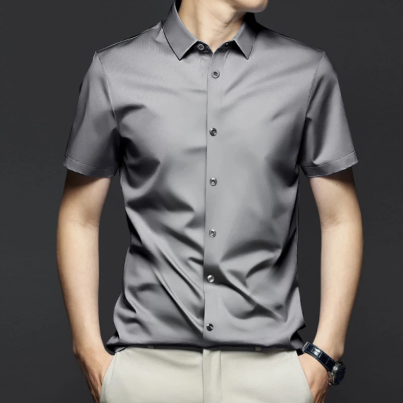 

Slim Fit ort Sve Pure Color irt Busin Casual Cuban Collar Polyester Fiber Spring Summer Mens irt Faion Trend