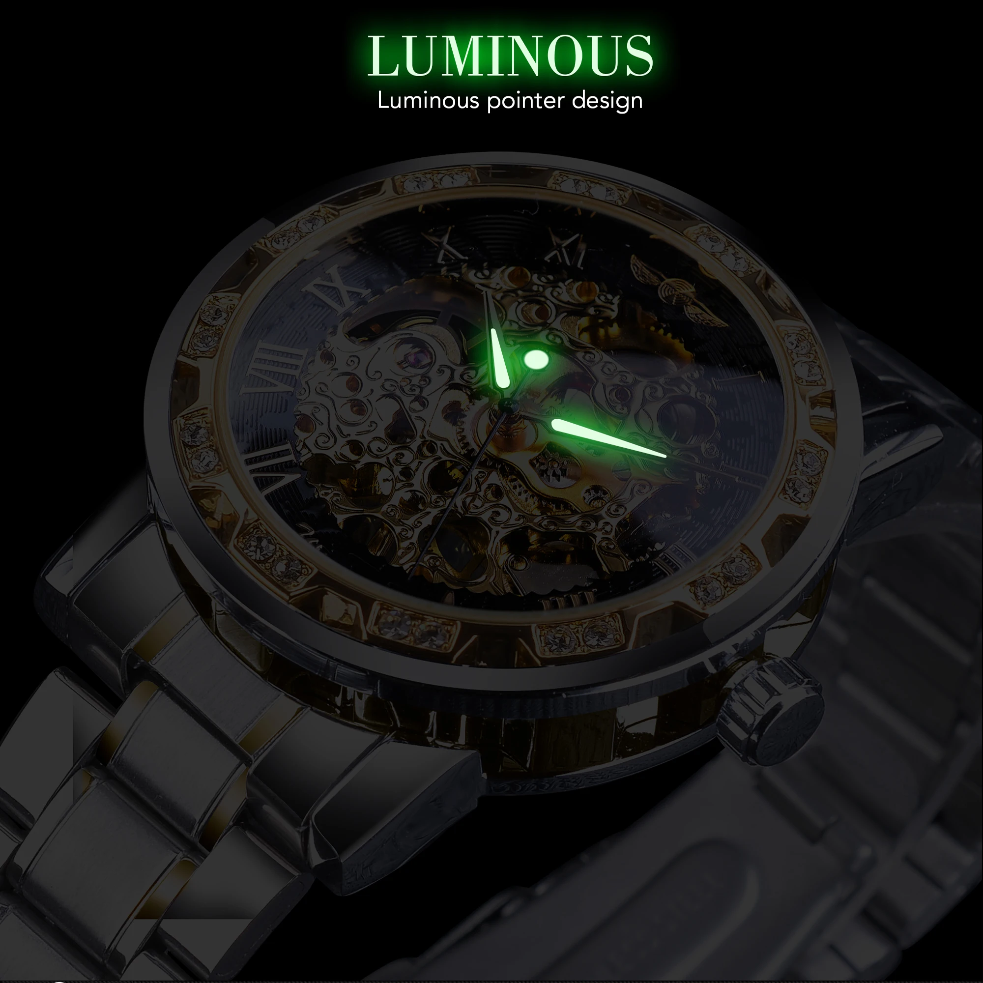 Winner-Reloj de pulsera transparente para hombre, cronógrafo con movimiento de engranaje luminoso de diamante, diseño real, marca de lujo, esqueleto