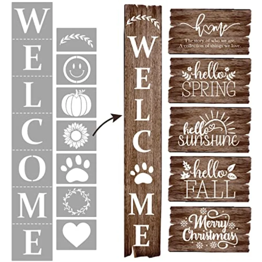 

Welcome Stencil With Holiday Set for Painting on Wood - Reusable DIY Projects Gifts and More - Easy to Use Large Letter Horizon
