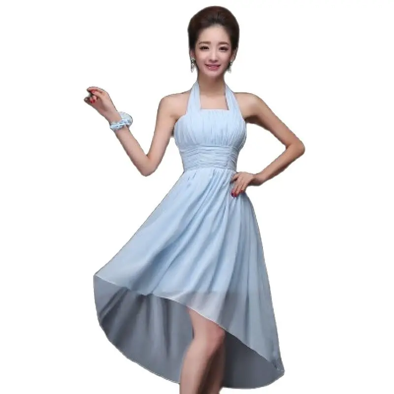 

U1039 High Low Blue Chiffon Bridesmaid Dress Princess Short Front Long Back Wedding Party Prom Dresses For Lady Girl