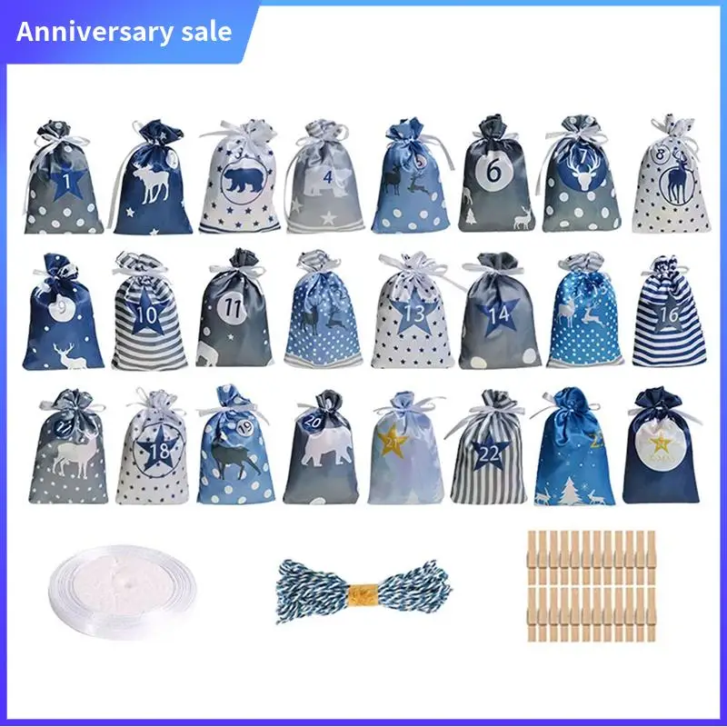 

A75P-24PCS Christmas Adventcalendar Bags Christmas Countdown Gift Bags Reusable Fabric Gift Bags With Drawstring