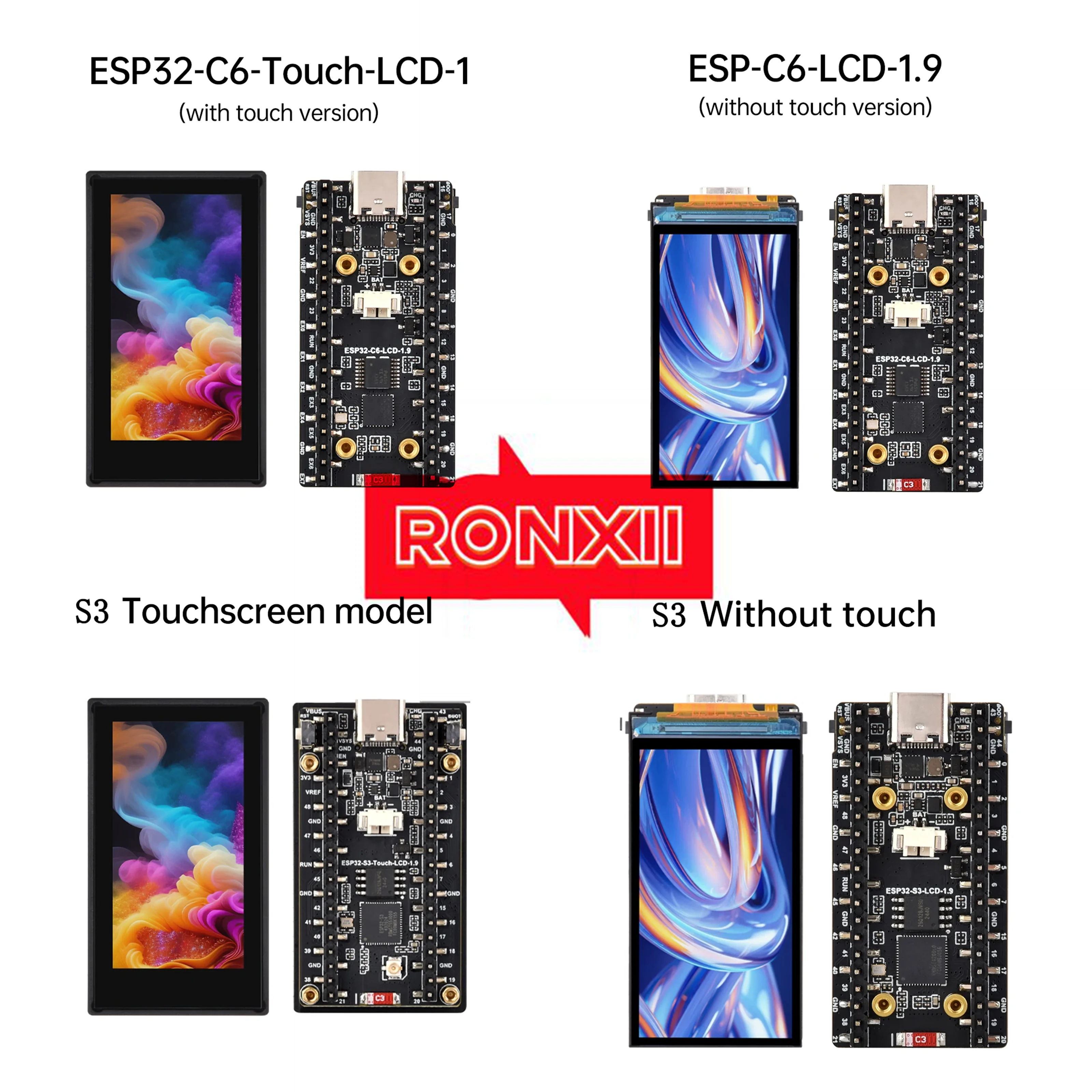 

Плата разработки RONXII ESP32 S3/C6, 1,9-дюймовый ЖК-дисплей, опция сенсорного экрана 170 × 320 с RGB-поддержкой Wi-Fi 6 и Bluetooth Type-C
