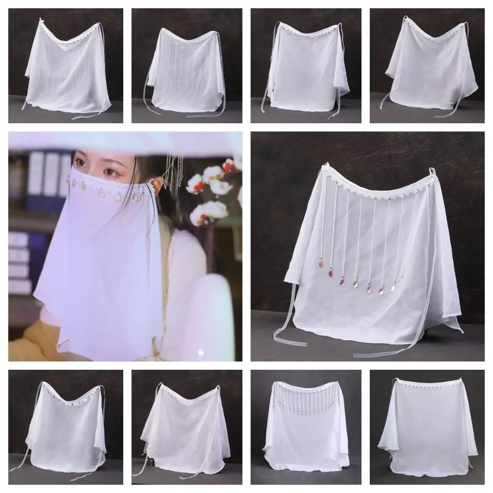 Ancient Headwear Hanfu Face Veil Tassel Crystal Face Covering Gauze Hanging Ears Face Scarf Chinese Hanfu Accessories Girl