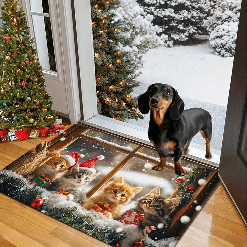 Adorable Kittens Santa Hat Christmas Flannel Door Mat Snow Gift Box Non‑Slip Floor Rug for Indoor Entryway Xmas Holiday Decor