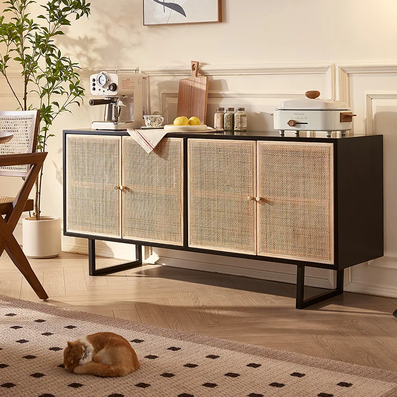 Nordic rattan sideboard, simple black storage cabinet, retro household solid wood cabinet, large capacity four-door storage cabi