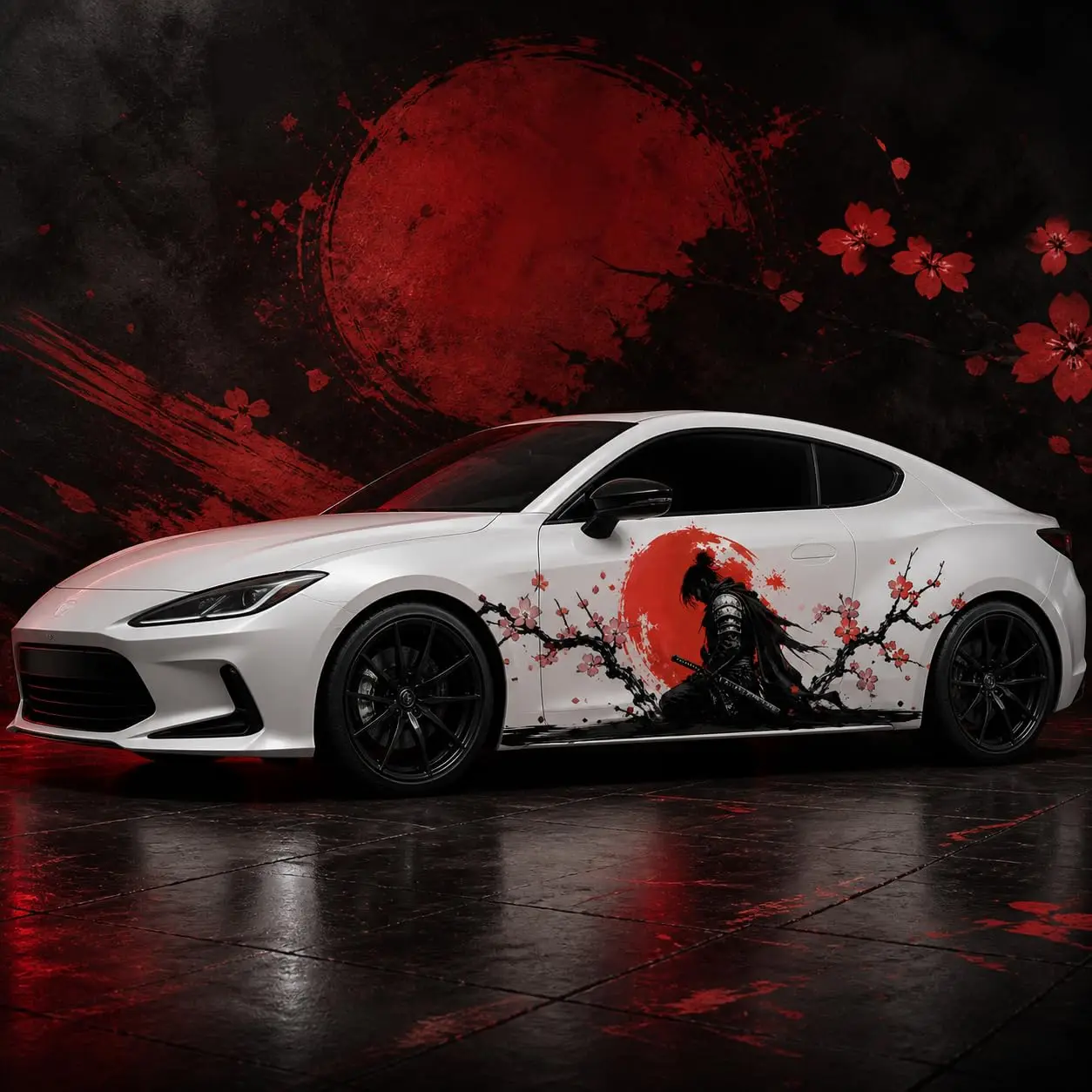 2PCS Crimson Sun Samurai Car Side Body Decals, Warrior and Plum Blossom Graphic Sticker Set for Door Panel Exterior Styling,