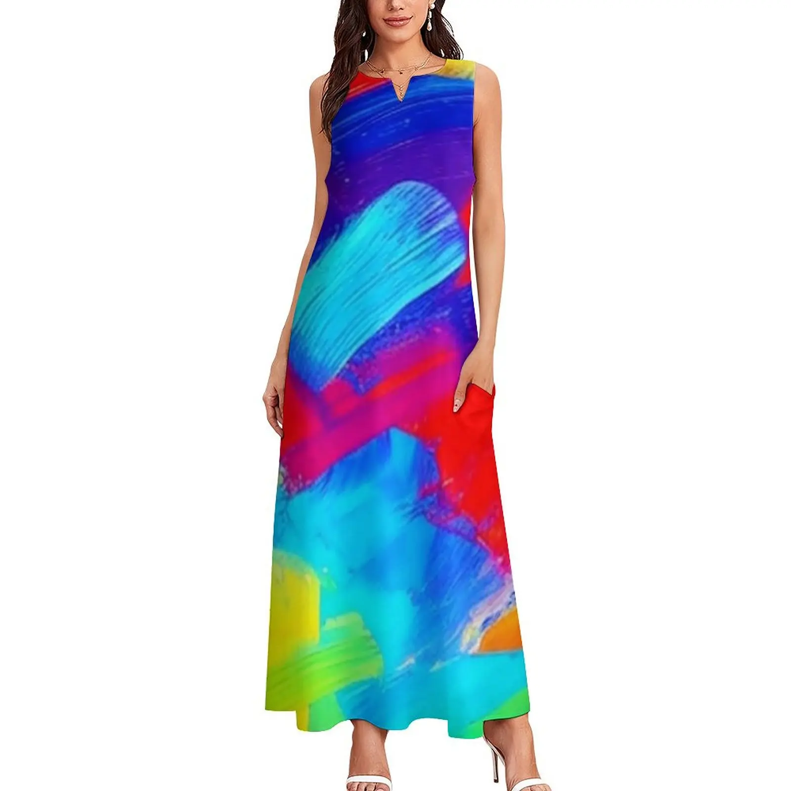 Abstract Paint Brush Dress Spring Red Blue Yellow Street Fashion Boho Beach Long Dresses Women Vintage Maxi Dress Gift