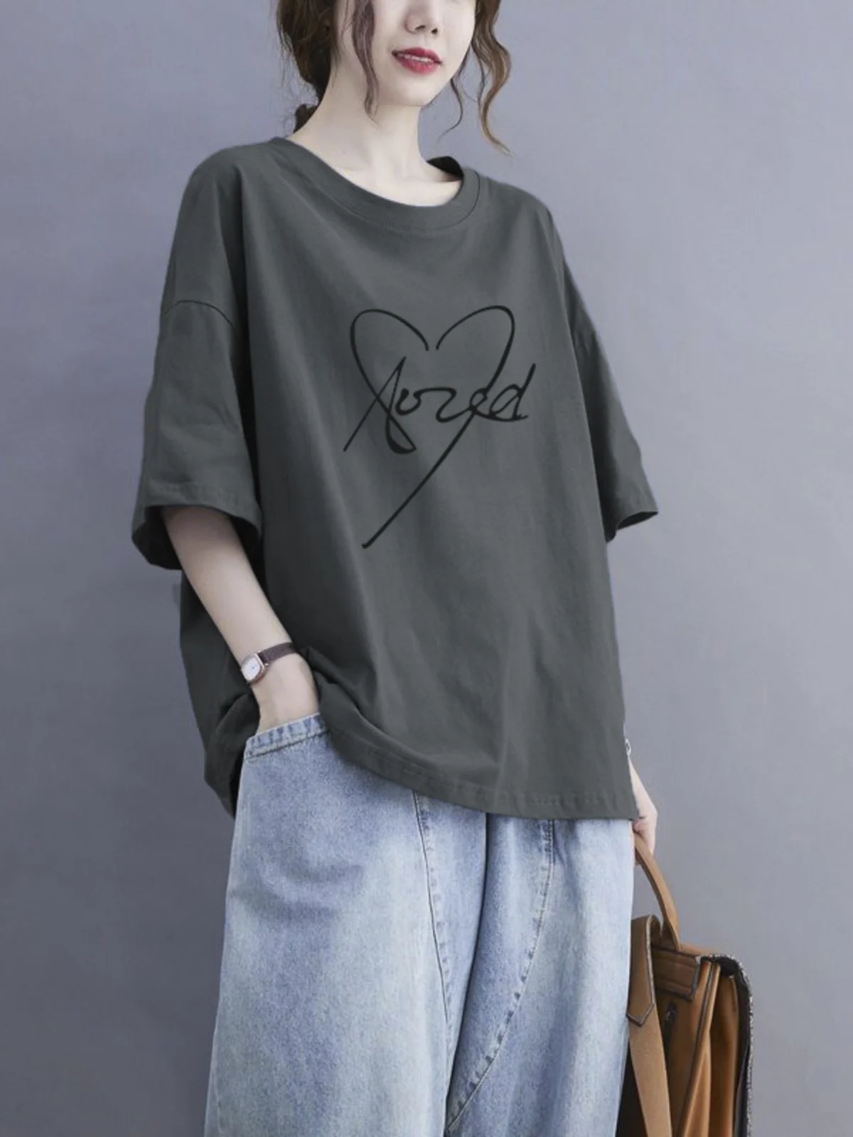 

Loose Pure Color Short Sleeve T-Shirt Fashionable Inner Wear Base Shirt for Middle-Aged And Elderly Women Printed Anti-Wrinkle