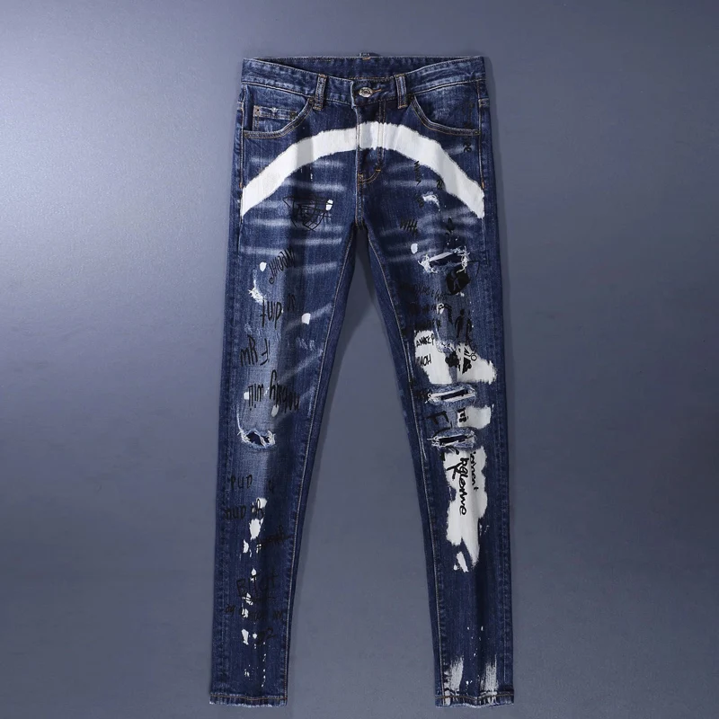 

Street Designer Fashion Men Jeans Retro Blue Stretch Slim Fit Printed Ripped Jeans Men Y2K Brand Hip Hop Denim Pants Hombre