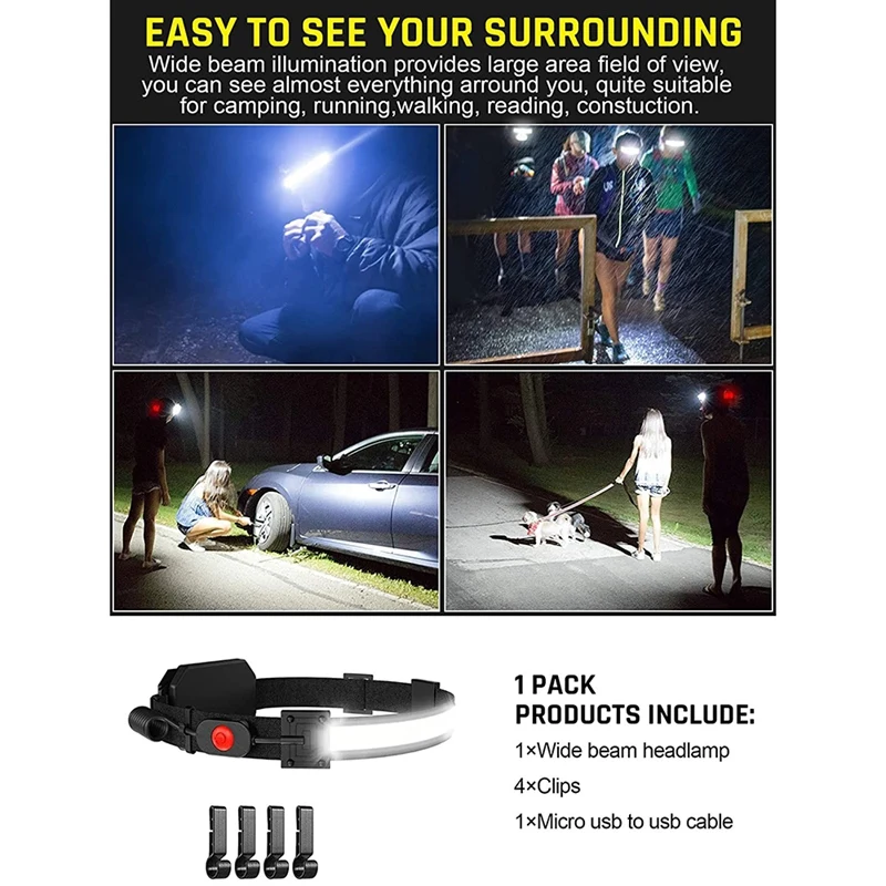 赤いテールライト付きの充電式LEDヘッドライト、230 ° ワイドビームヘッドランプ、ランニングライト、ランナー、キャンプ、ハイキングなど