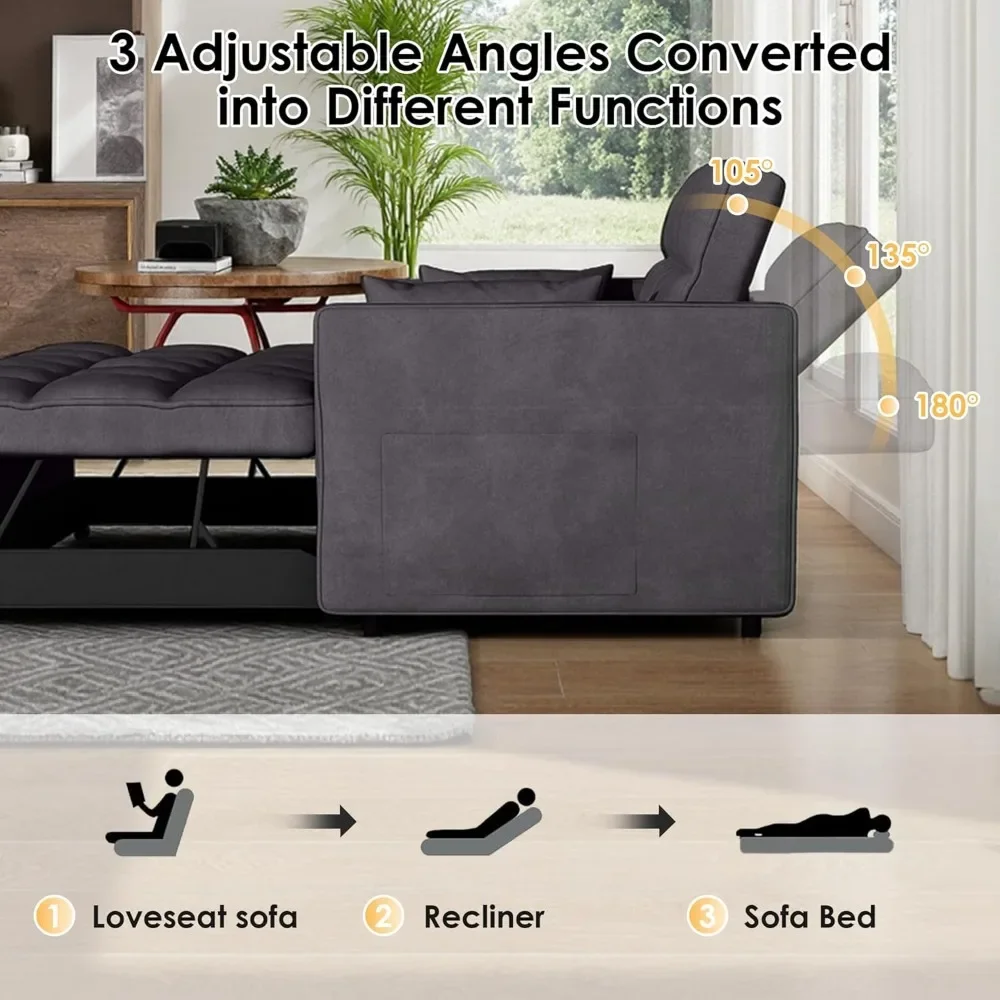 أريكة سرير قابلة للتحويل 3 في 1، أريكة سحب لغرفة المعيشة مع جيب جانبي، مقعد نوم مع مقعد قابل للتعديل (بيج)