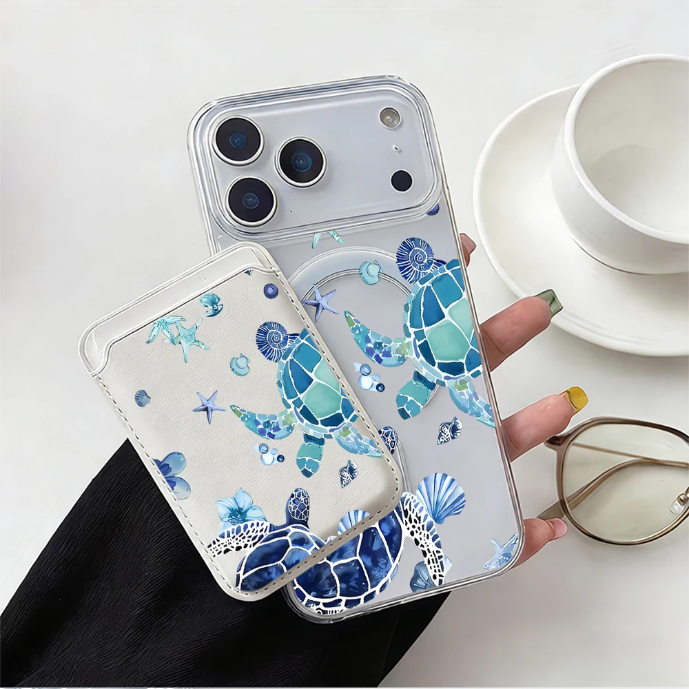 For Magsafe Phone Case With Card Holder For iPhone 17 16 15 14 Pro Max 13 12 11 Pro Max Plus 16E 17E Air Sea turtle Clear Cover