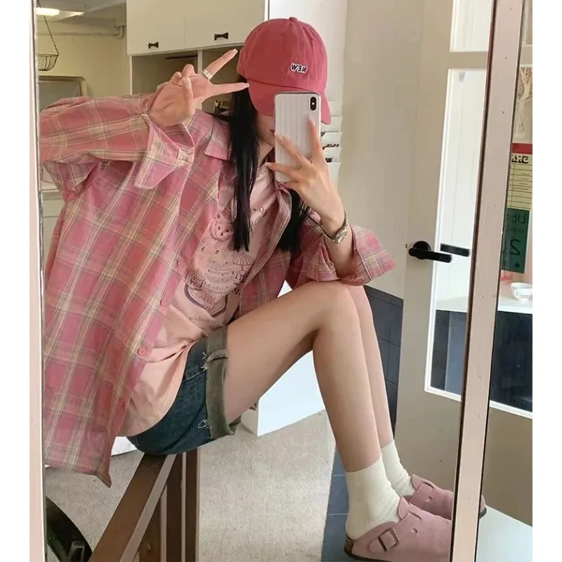 Women Vintage Pink Plaid Shirt Long Sleeve Blouse Y2K Streetwear Casual Polo Collar Shirts Sun Protection Coat Female Tops