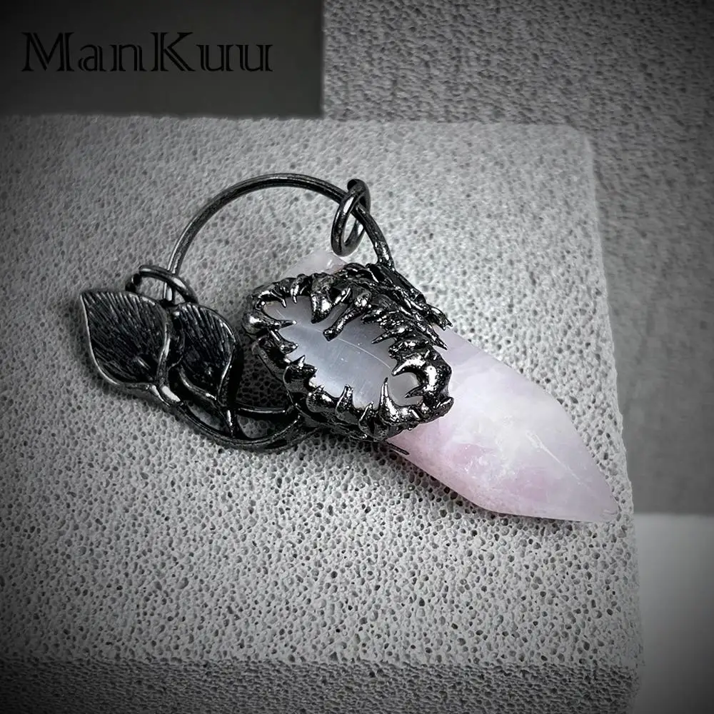 mankuu vintage antique bronze plated hexagonal natural rose quartz shark tooth circle pendant sweater chain necklaces