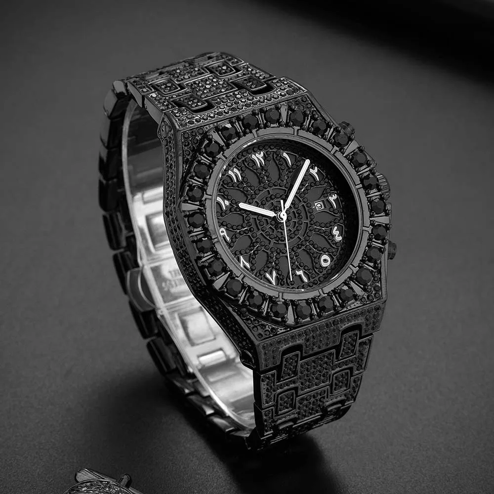 Specials Black Diamond Watch for Men Fashion Stainless Steel Quartz Watches Casual Waterproof Arabic Numerals Relogios Homem New